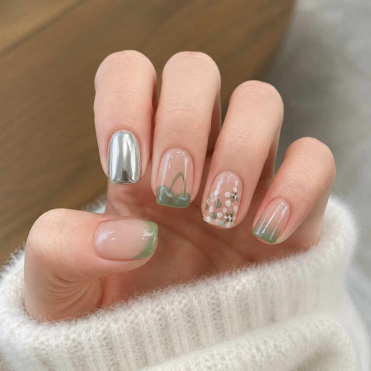 Manicura Mixta Verde Salvia y Plata Cromada