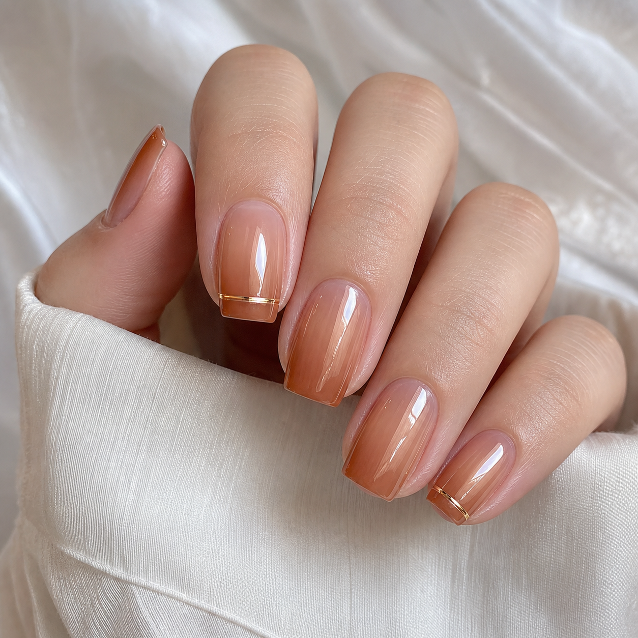 Glossy Sheer Nude And Gold Square Nail Design