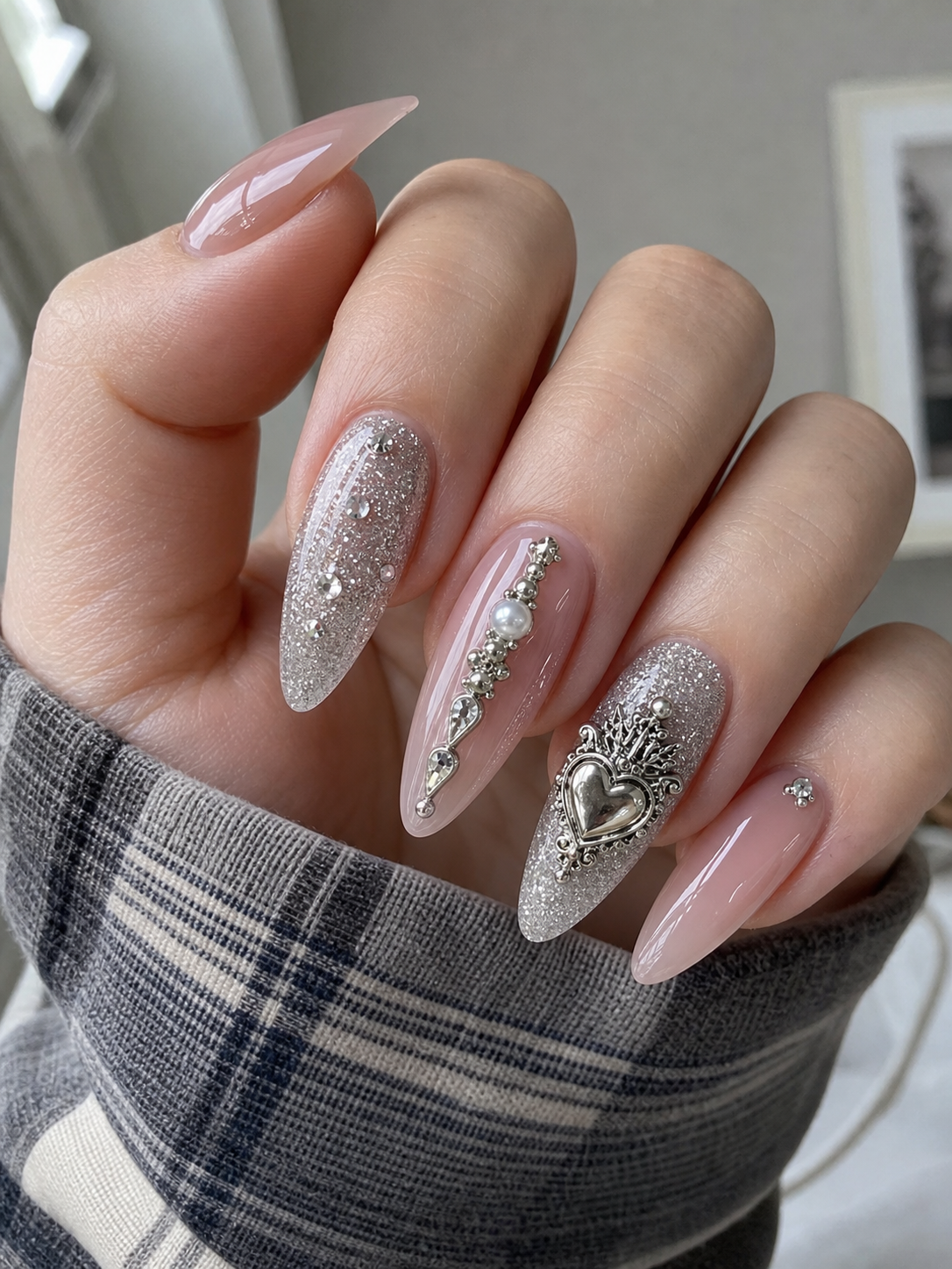 Glossy Pink And Silver Almond Nail Design