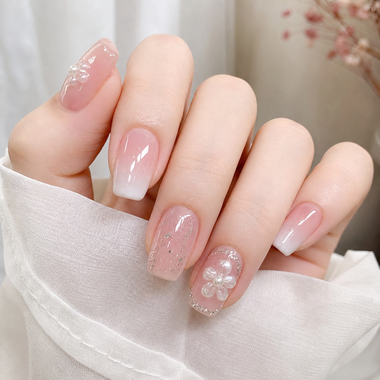Glossy Pink And White Square Nail Design