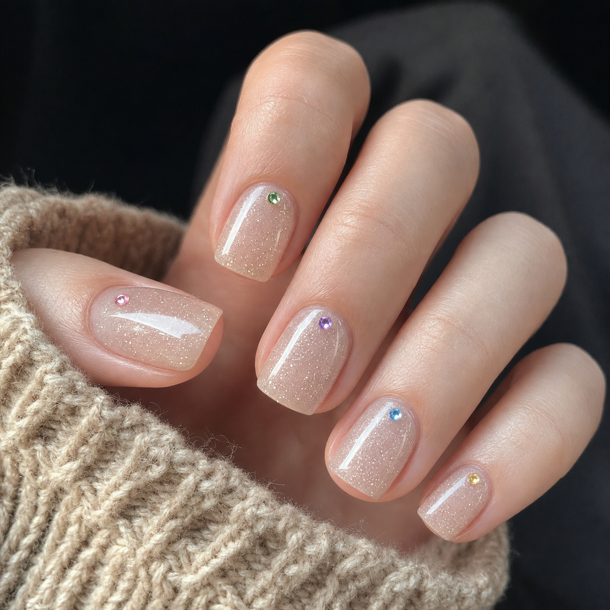Glossy Sheer Nude And Silver Square Nail Design