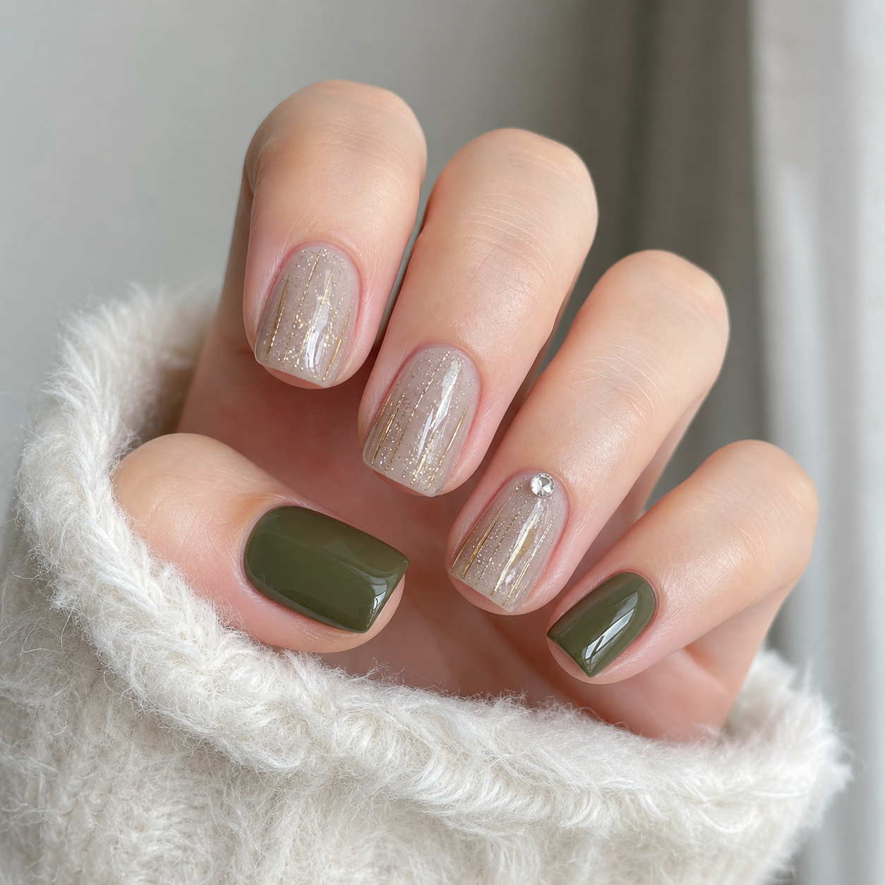 Glossy Green And Nude Square Nail Design
