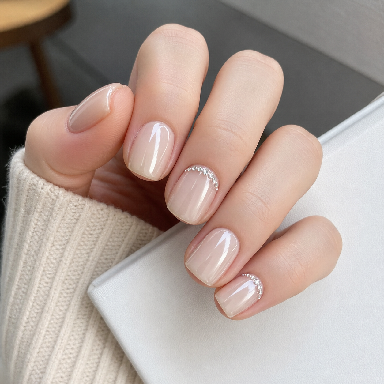 Glossy Nude And Silver Square Nail Design