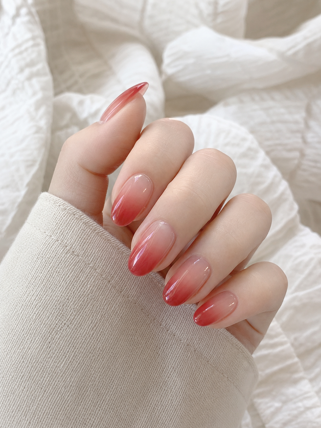 Glossy Red And Sheer Nude Oval Nail Design