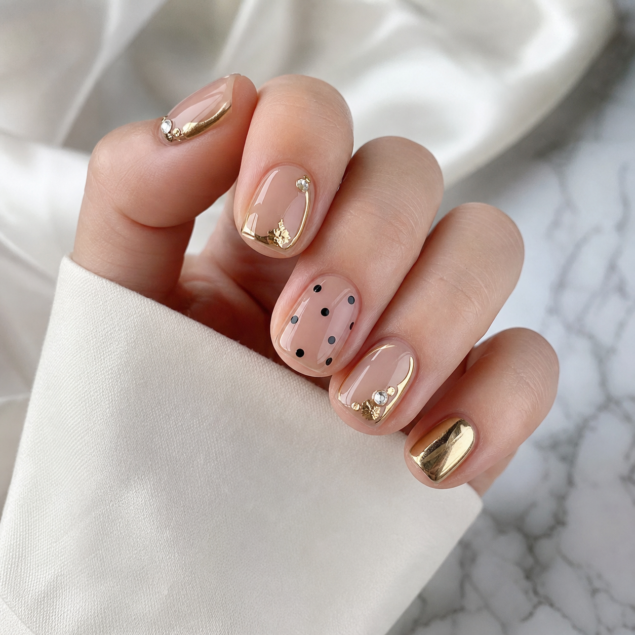 Glossy Nude And Gold Square Nail Design