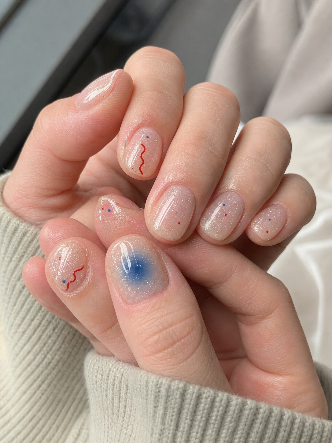 Glossy Nude And Blue Round Nail Design