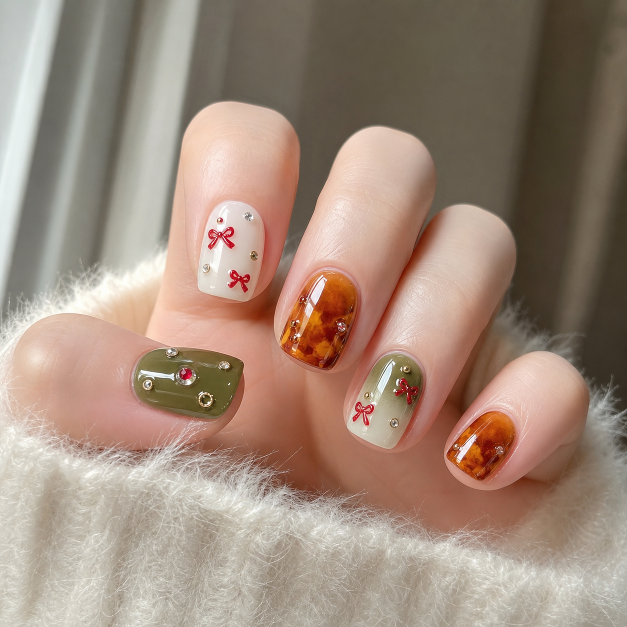 Glossy Green And White Square Nail Design