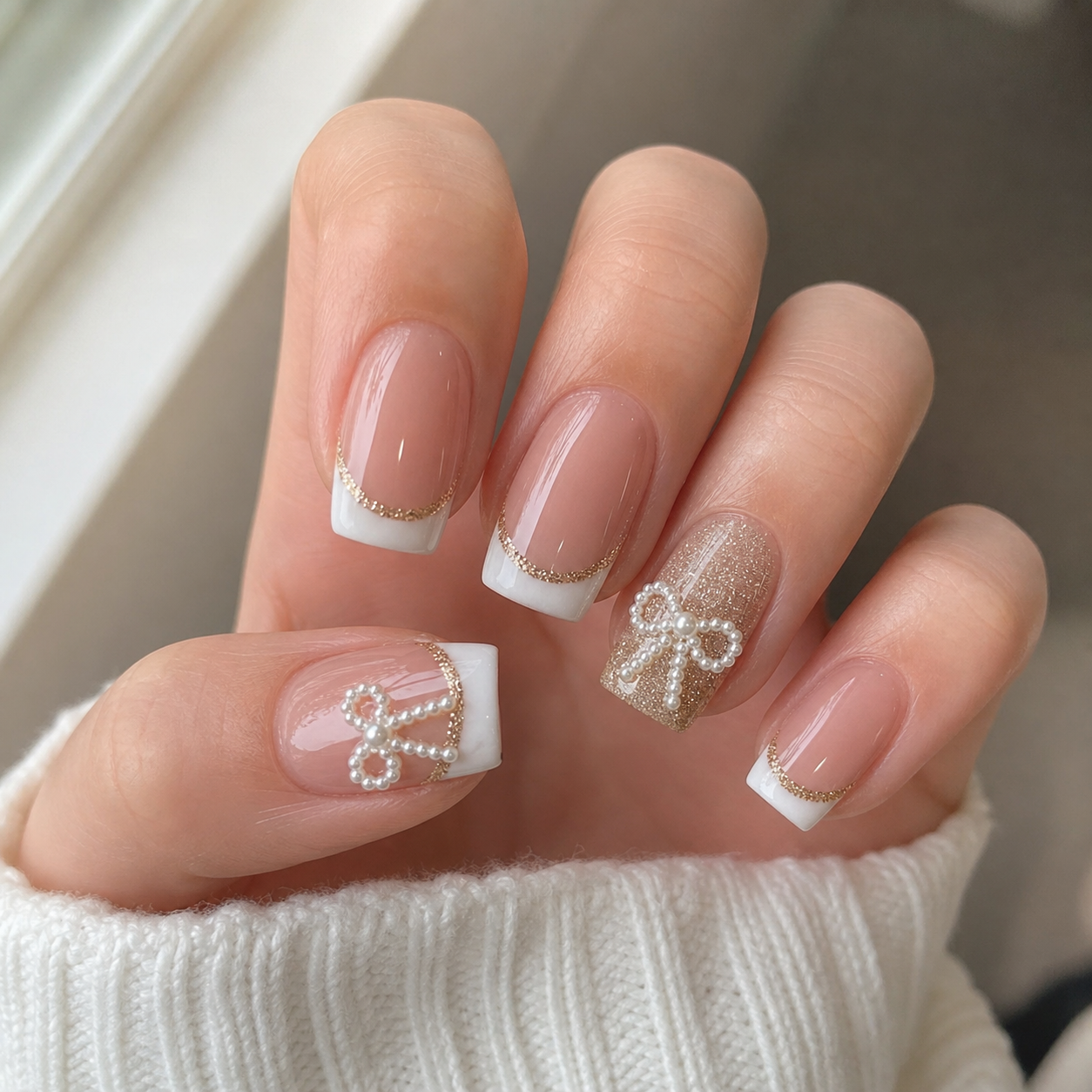 Glossy Nude And White Square Nail Design