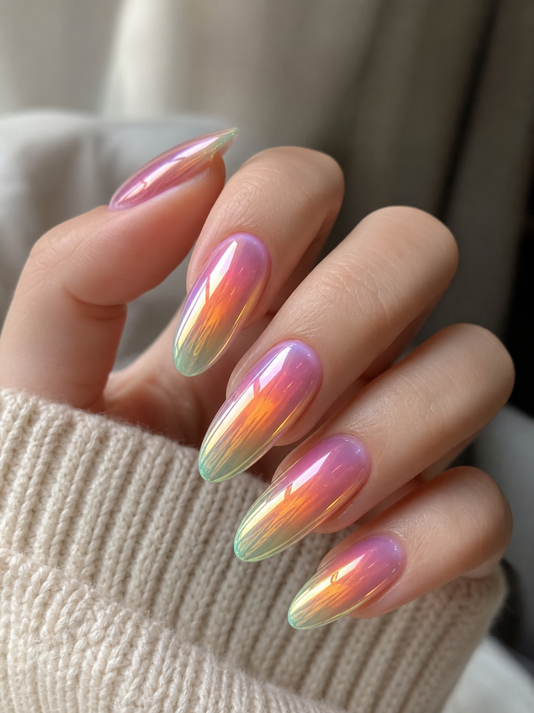Glossy Pink And Purple Oval Nail Design