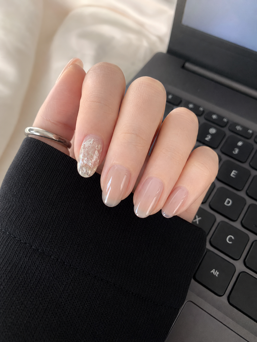 Glossy Nude And White Oval Nail Design