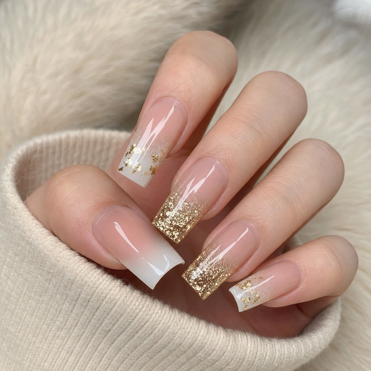 Glossy Sheer Nude And White Square Nail Design