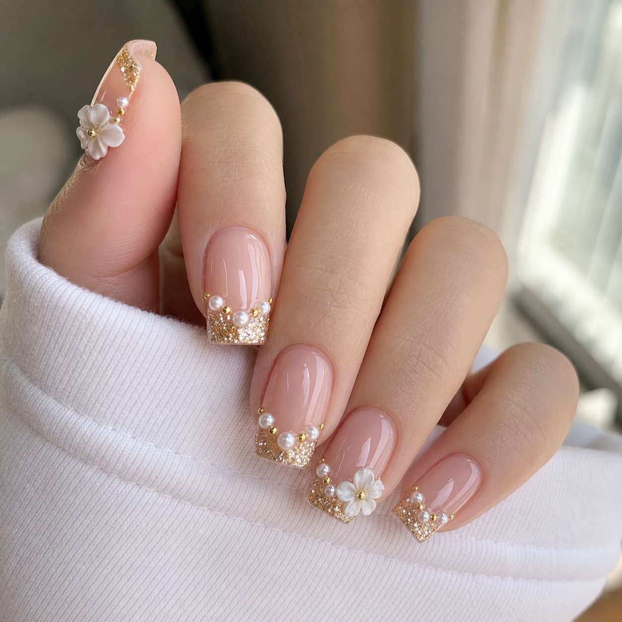 Glossy Nude And Gold Square Nail Design