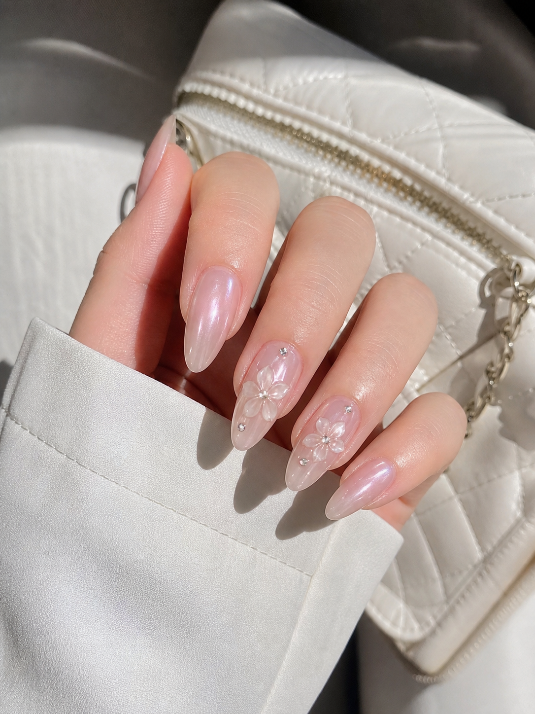 Glossy Pink And Nude Almond Nail Design