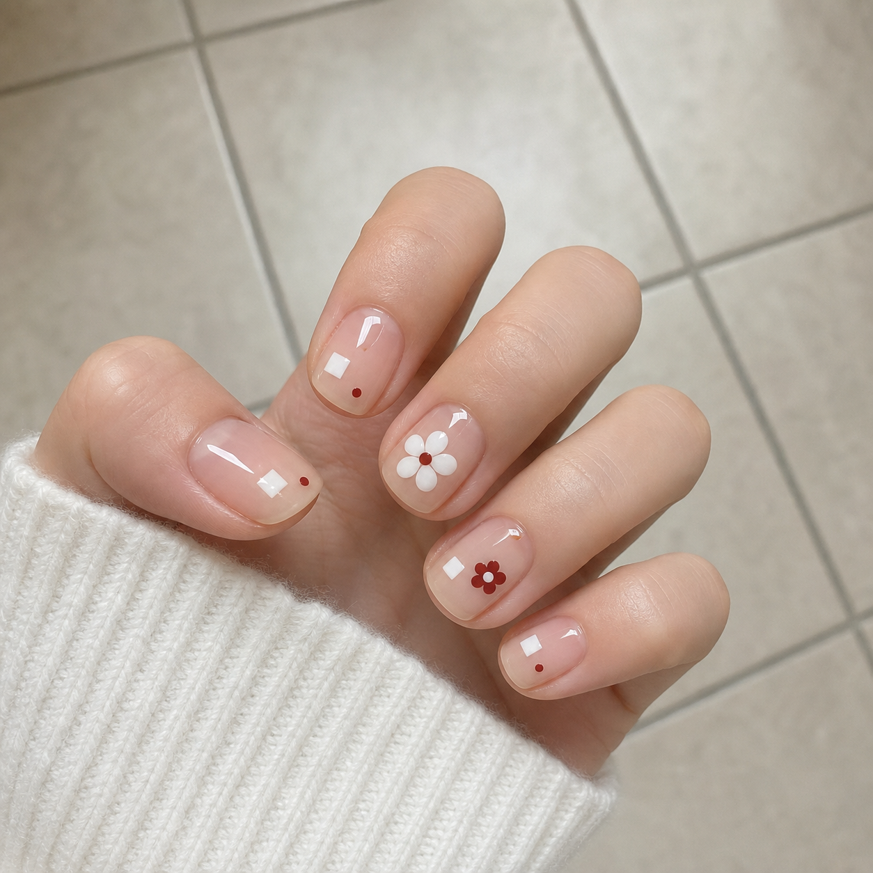Glossy Sheer Nude And White Square Nail Design