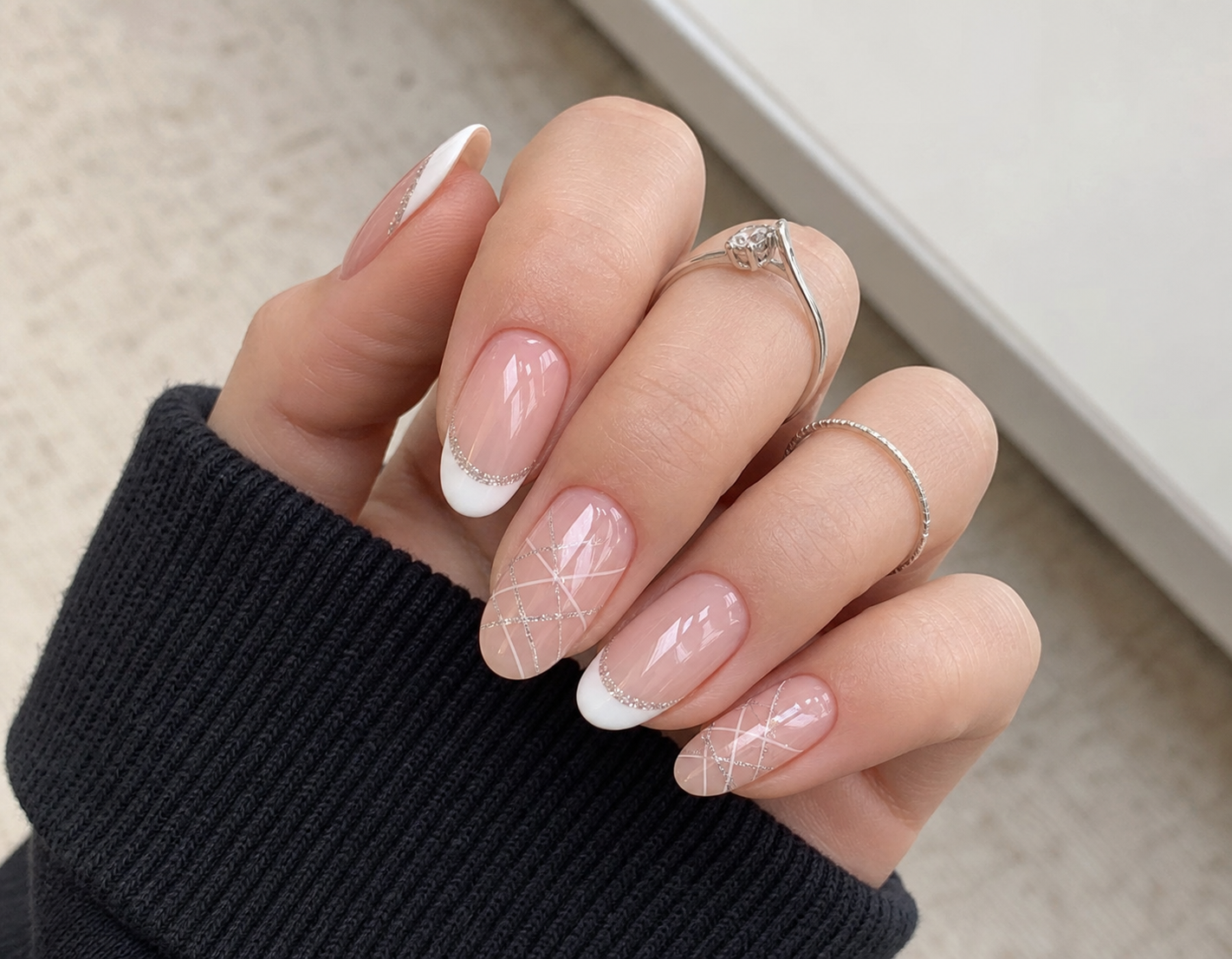 Glossy Sheer Nude And White Oval Nail Design