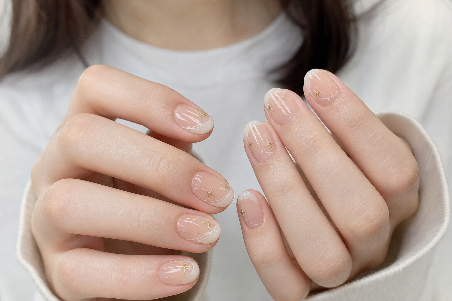 Glossy Sheer Nude And White Oval Nail Design