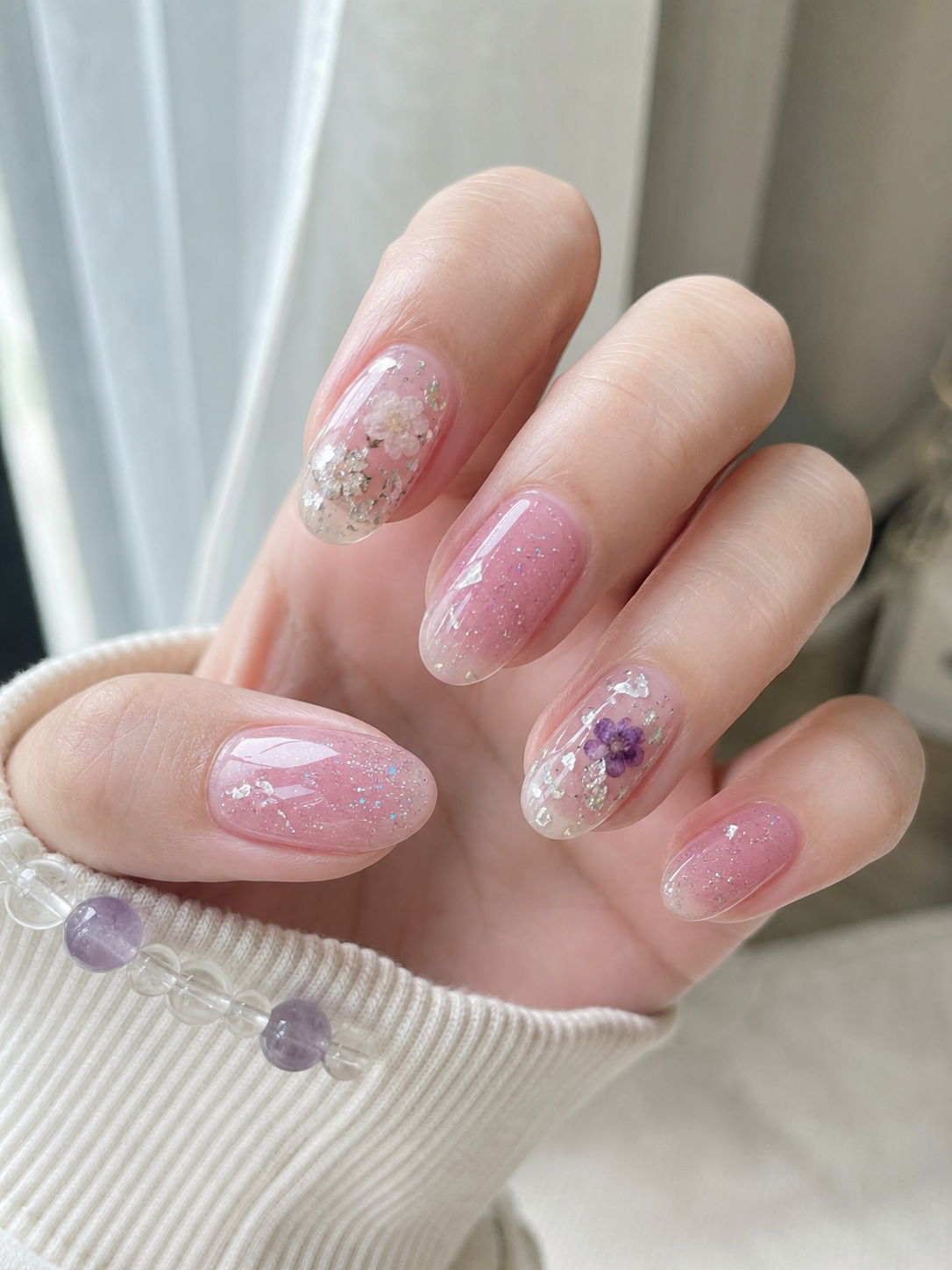 Glossy Pink And Silver Oval Nail Design