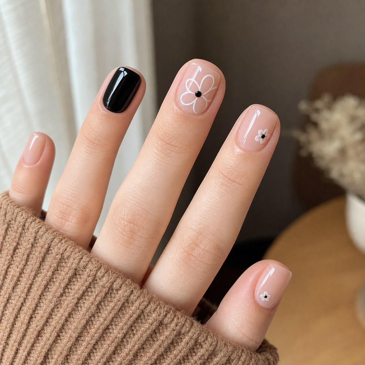 Glossy Black And Sheer Nude Square Nail Design
