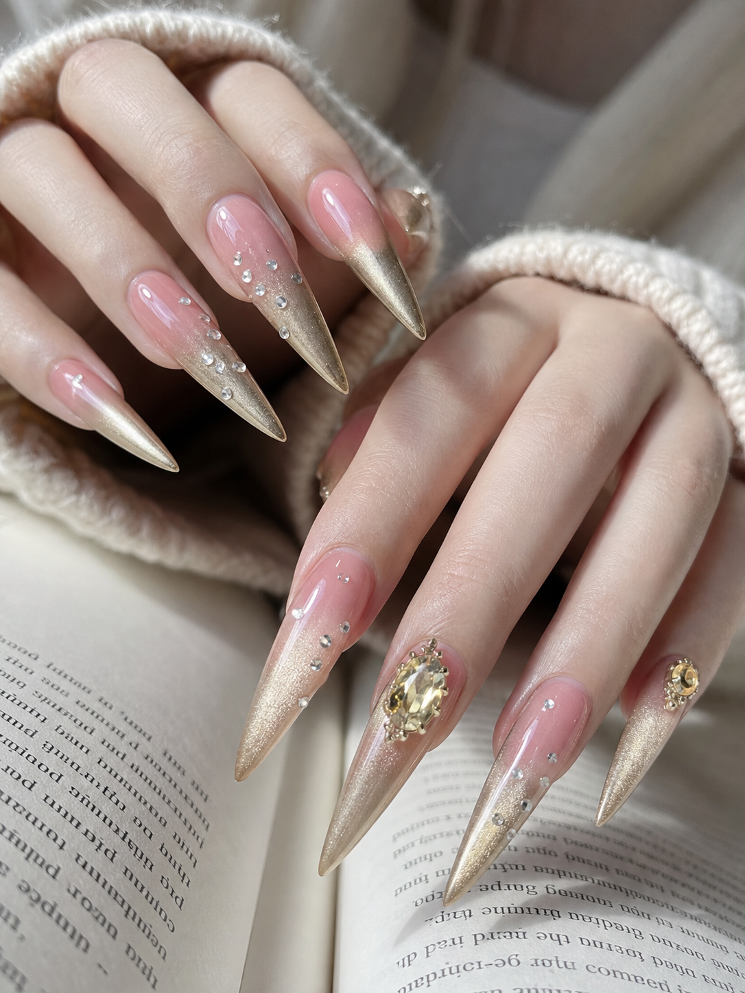 Glossy Pink And Gold Stiletto Nail Design