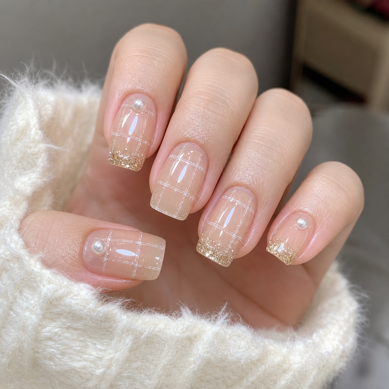 Glossy Sheer Nude And White Square Nail Design