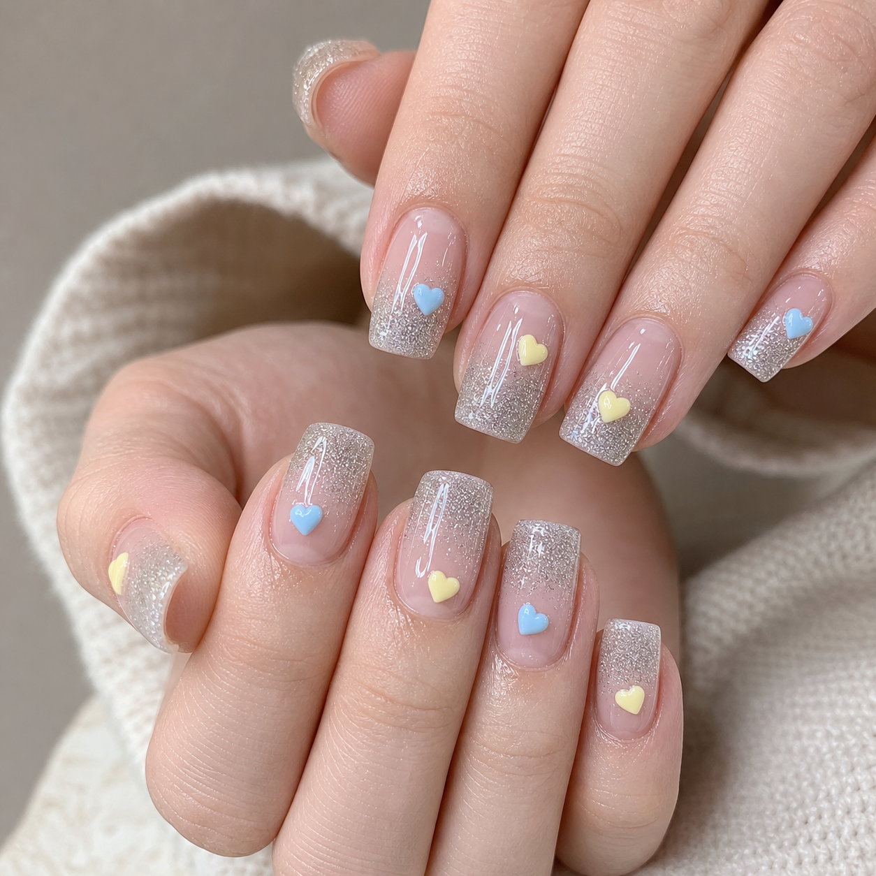 Glossy Sheer Nude And Silver Square Nail Design