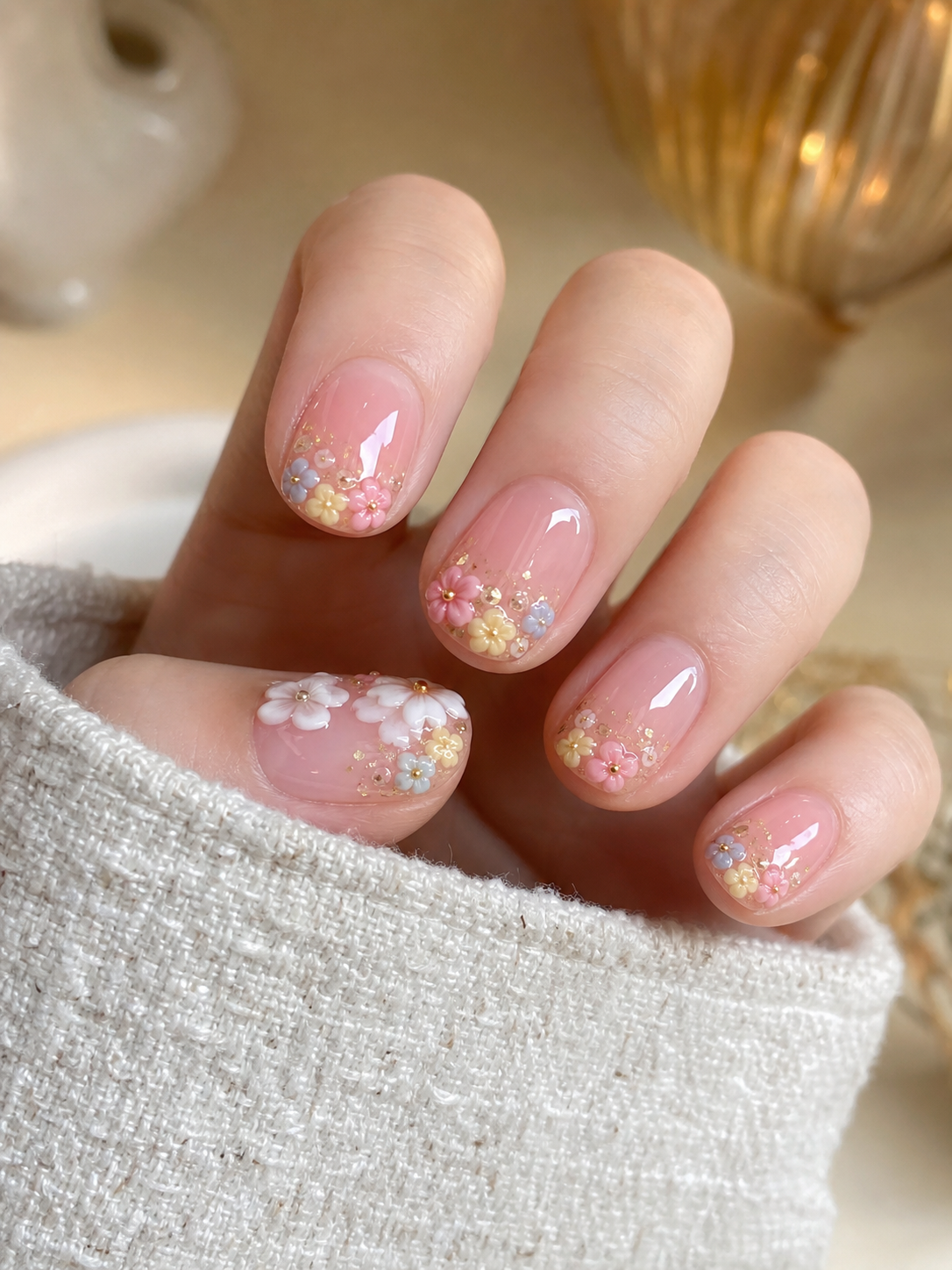 Unhas curtas arredondadas com base rosa translúcida, decoradas com pequenas flores 3D em tons pastel e glitter dourado nas pontas.
