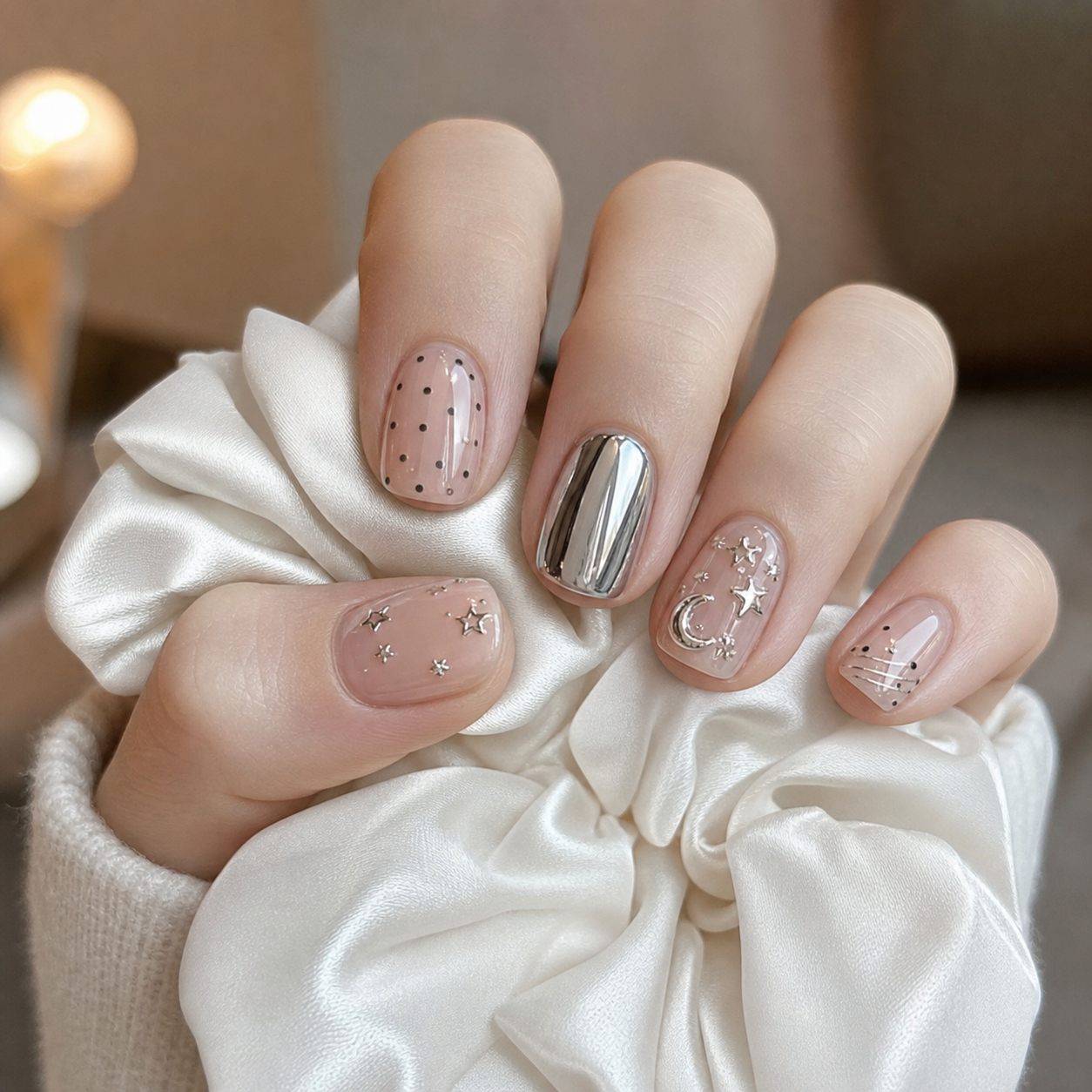 Glossy Sheer Nude And Silver Square Nail Design