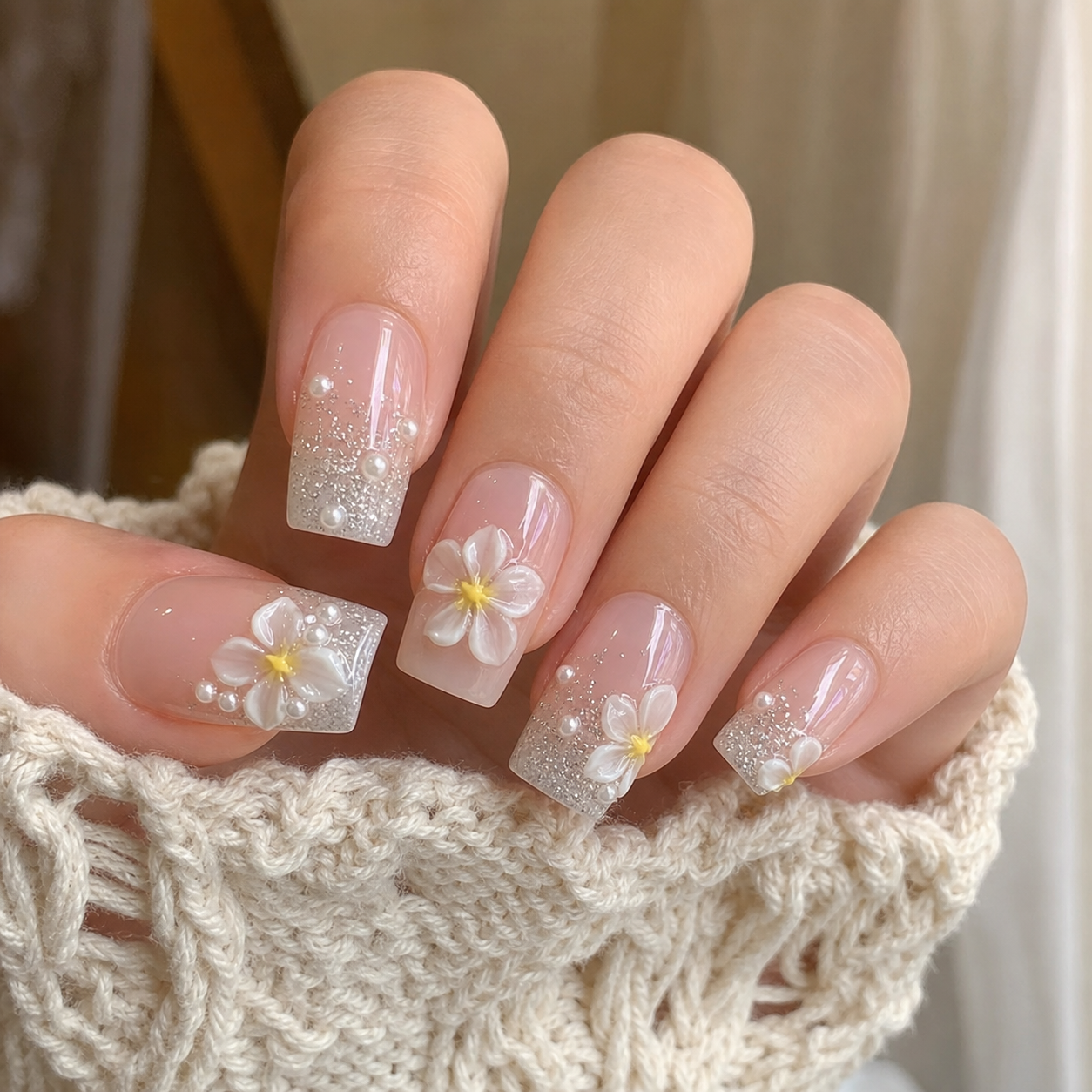 Glossy Sheer Nude And White Square Nail Design