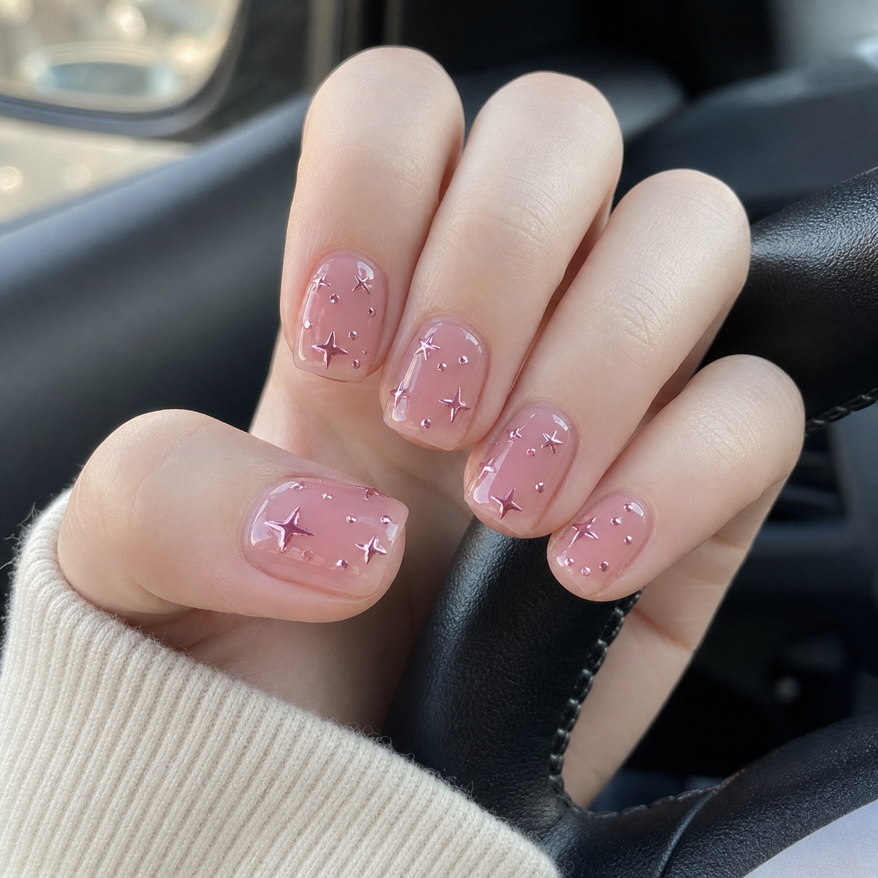 Ongles courts de forme carrée avec une base rose jelly translucide, décorés d'étoiles métallisées et de petits points en relief sous un top coat finition brillante.