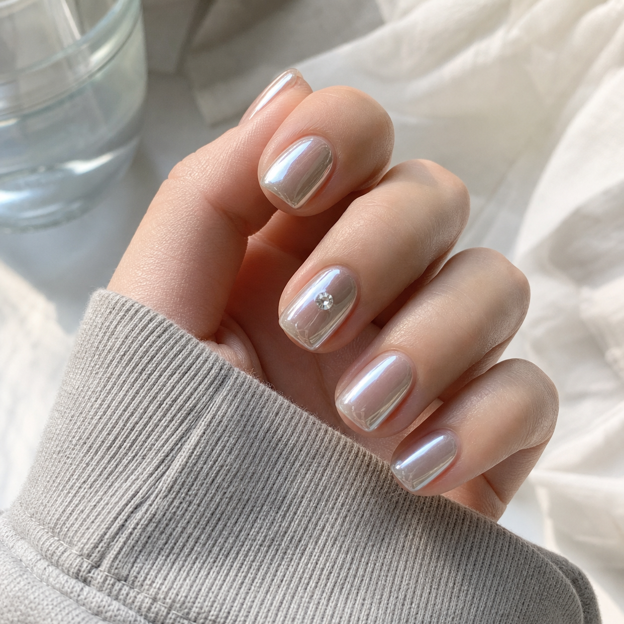 Glossy Silver And Nude Square Nail Design