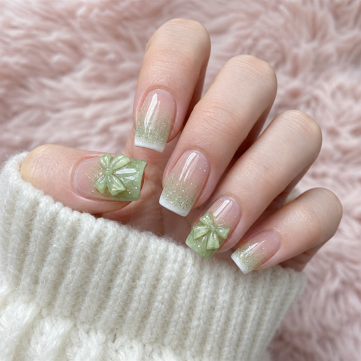Glossy Green And Nude Square Nail Design