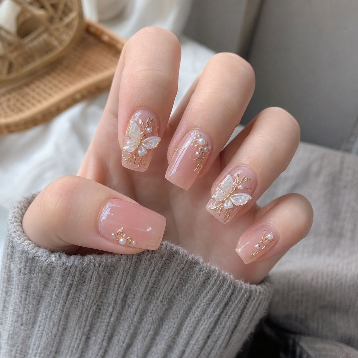 Sheer Nude And Pink Square Nail Design