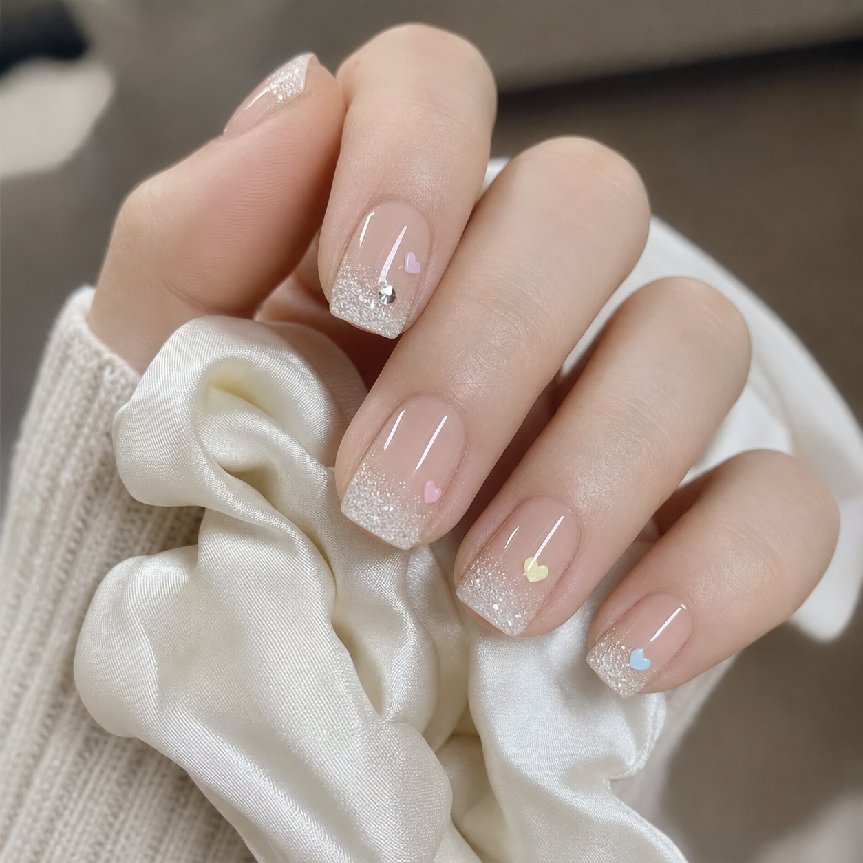 Glossy Nude And Pastel Square Nail Design