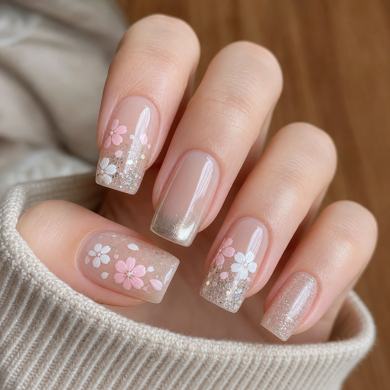 Glossy Sheer Nude And Pink Square Nail Design