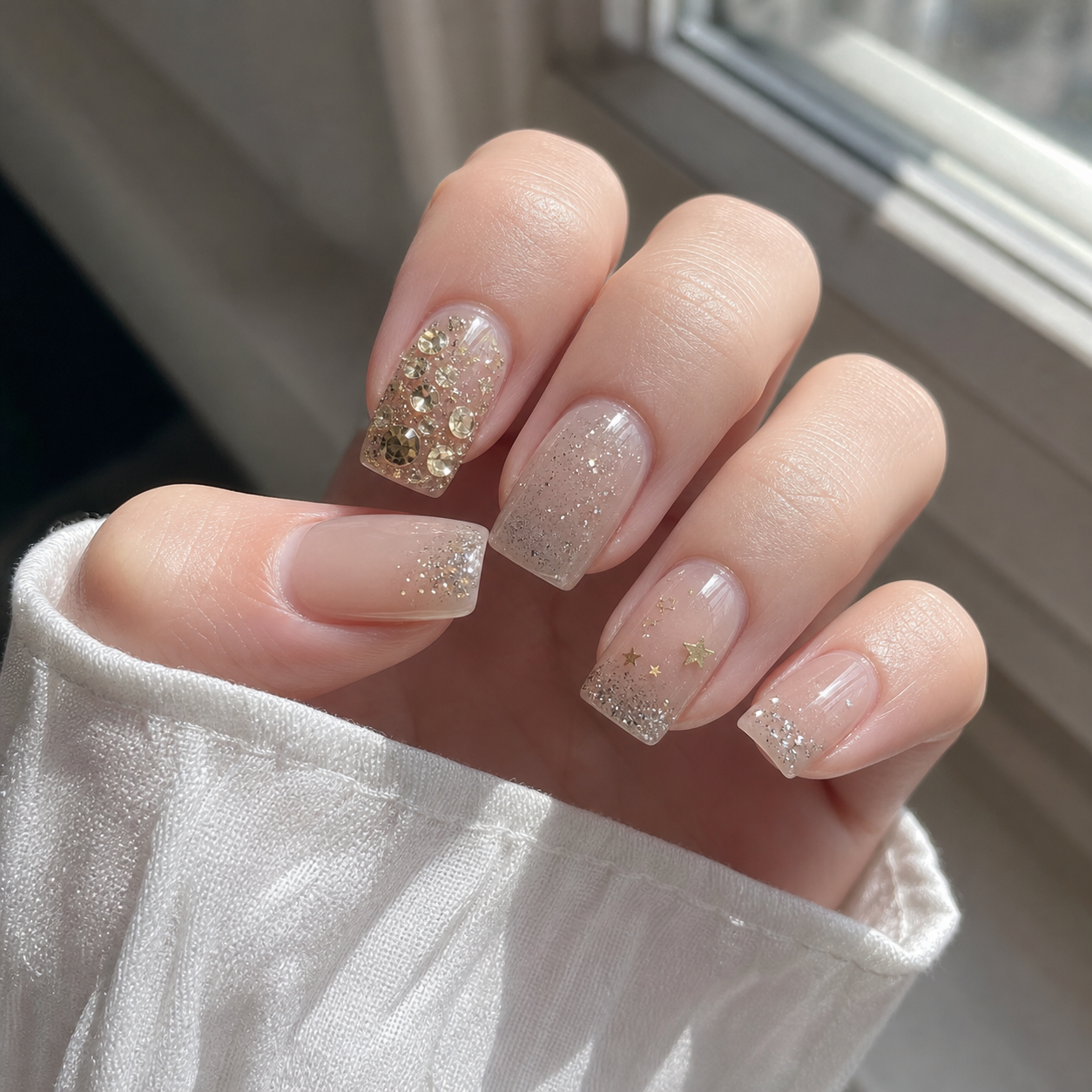 Glossy Sheer Nude And Gold Square Nail Design