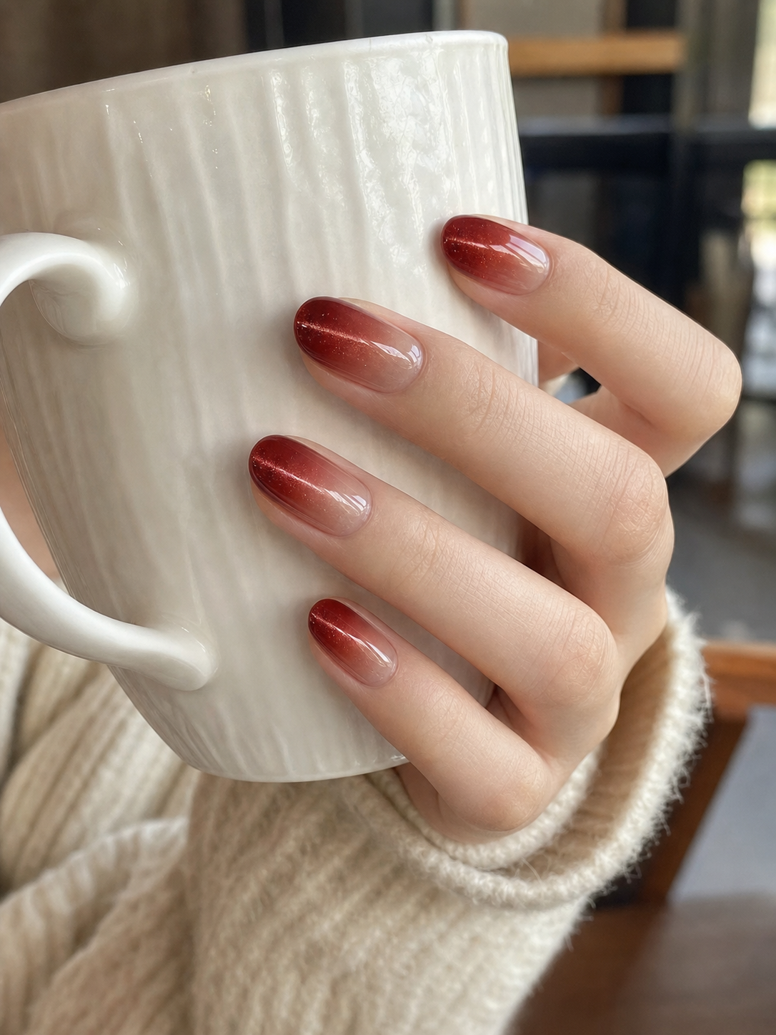 Unhas médias no formato redondo com esmalte nude na base e pontas vermelhas em degradê brilhante com efeito magnético cat eye.