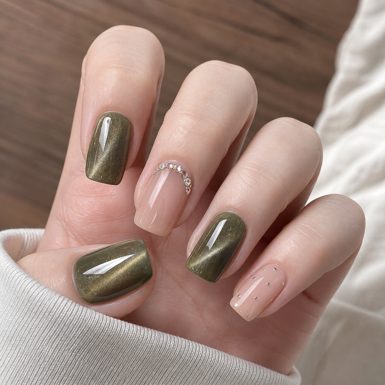 Glossy Green And Sheer Nude Square Nail Design