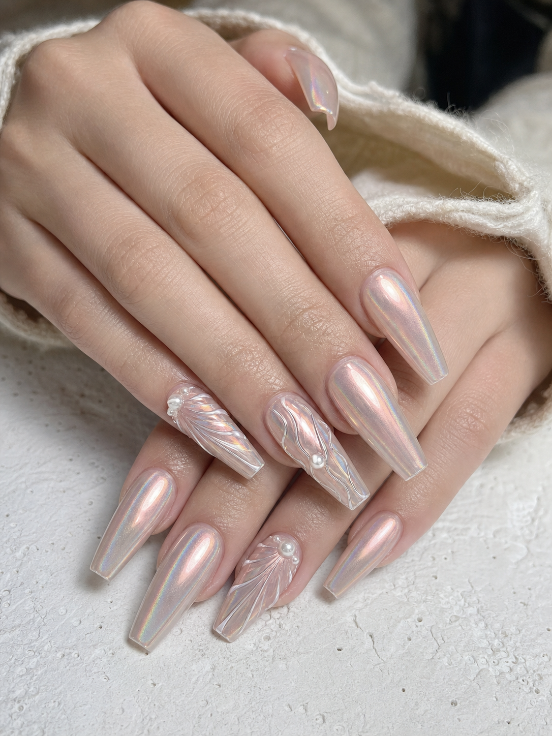 Glossy Sheer Nude And Silver Coffin Nail Design