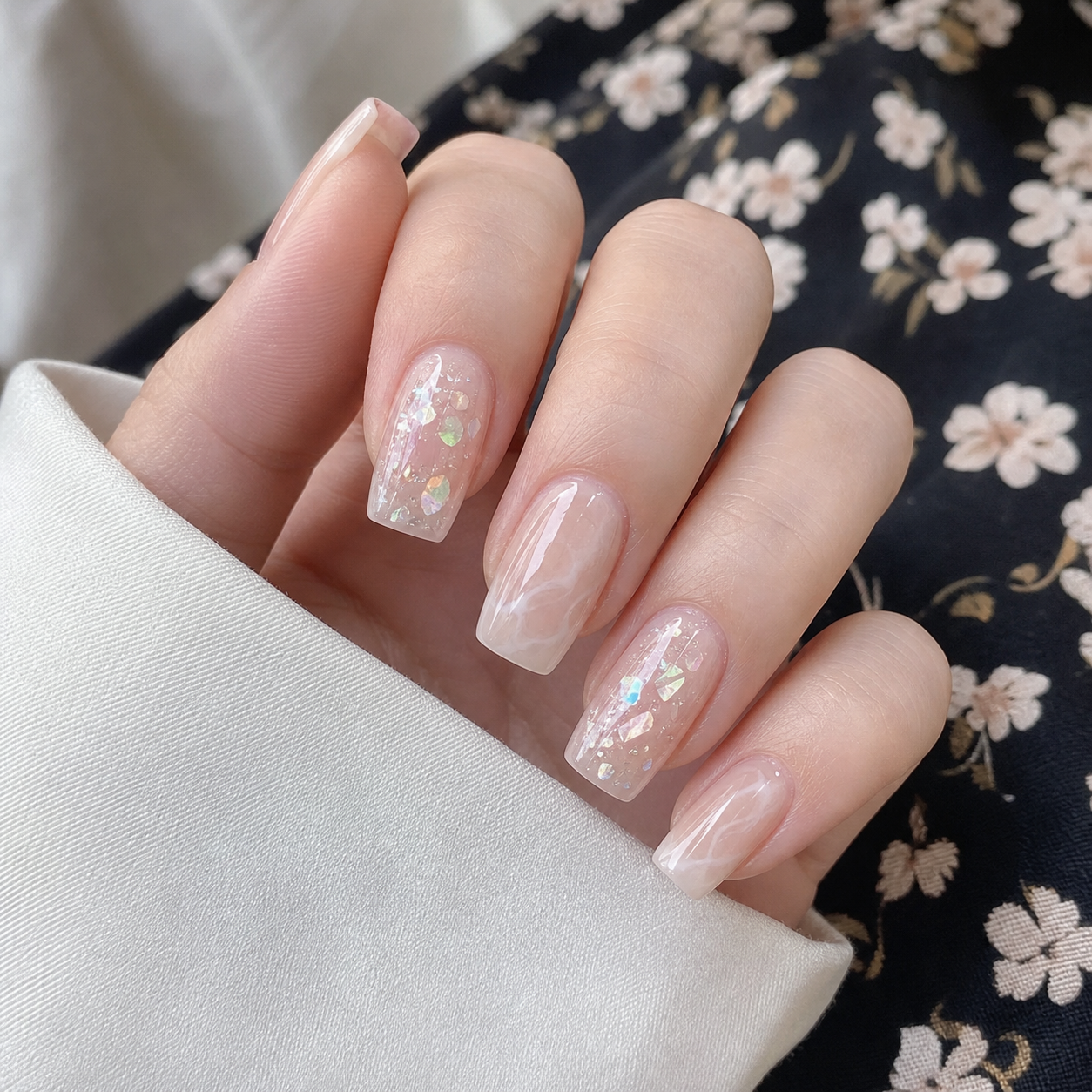 Glossy Nude And White Square Nail Design