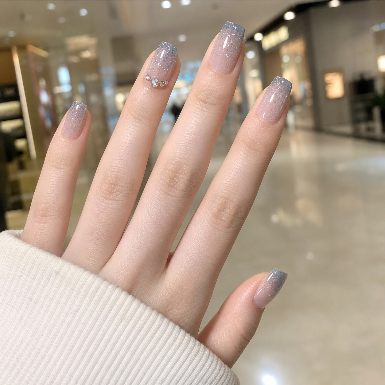 Glossy Sheer Nude And Blue Square Nail Design