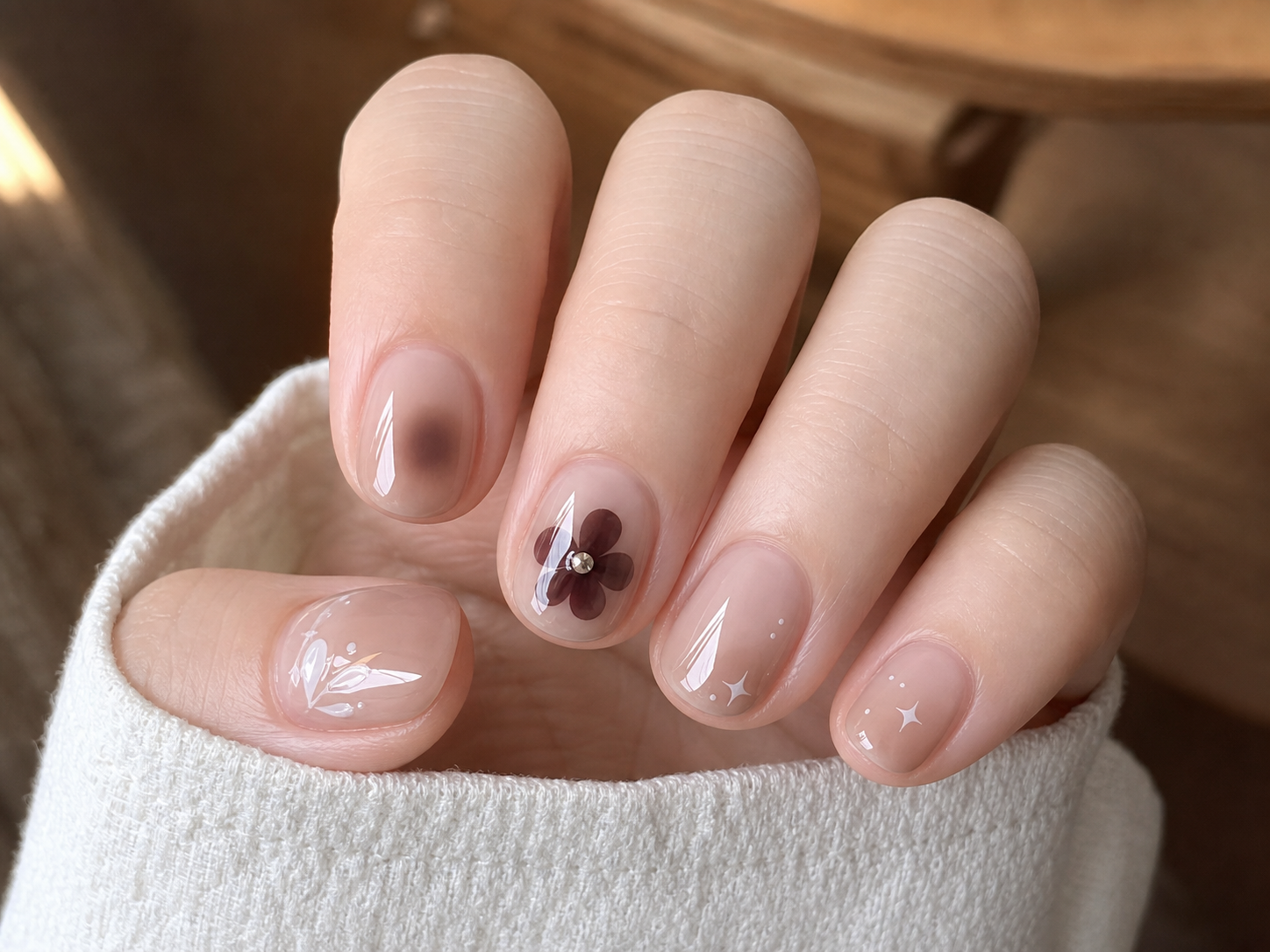 Glossy Nude And White Round Nail Design