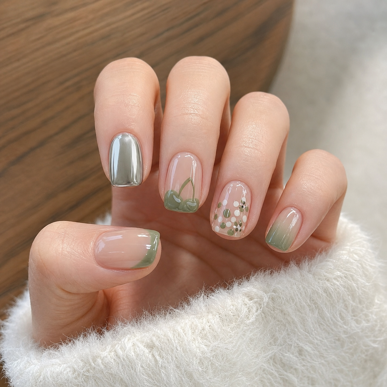 Glossy Green And Silver Square Nail Design