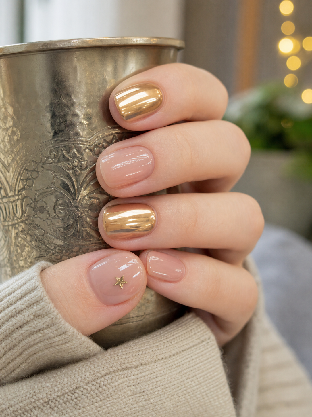 Glossy Gold And Sheer Nude Round Nail Design