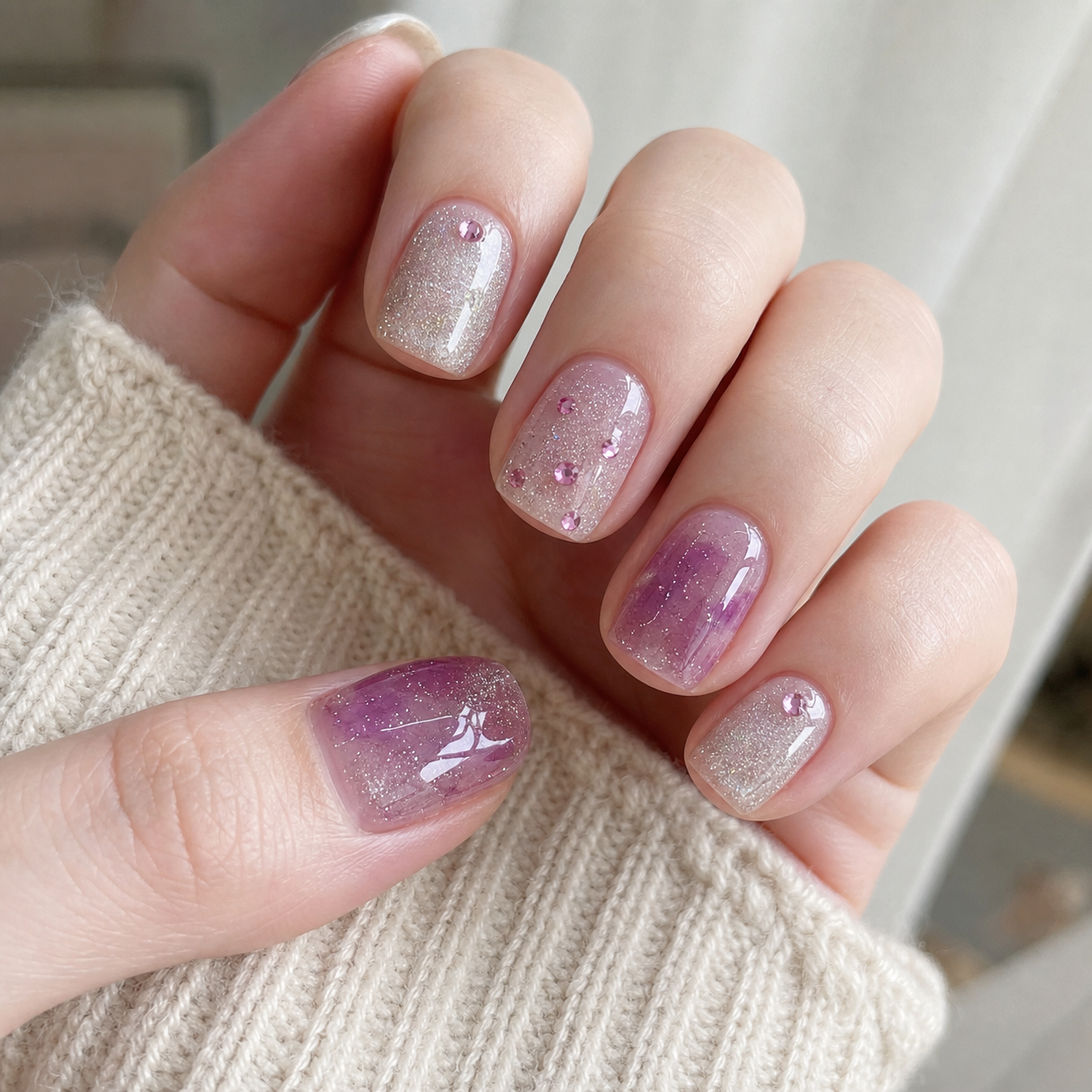 Glossy Pink And Purple Square Nail Design