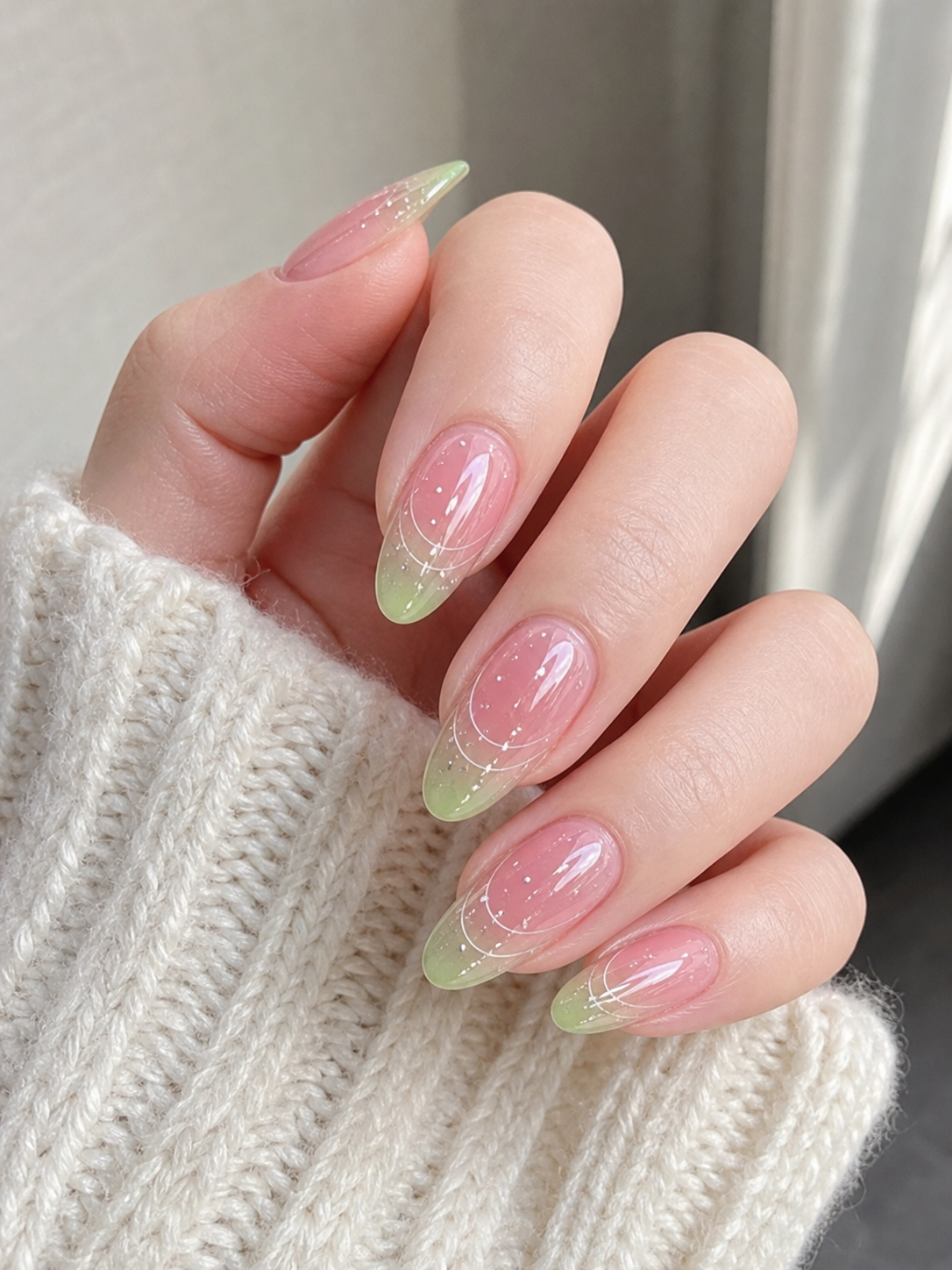 Glossy Pink And Green Almond Nail Design