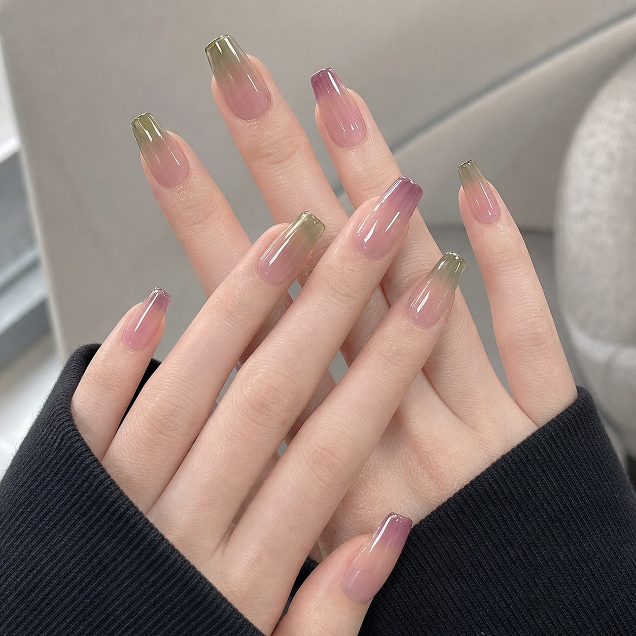 Glossy Nude And Green Square Nail Design