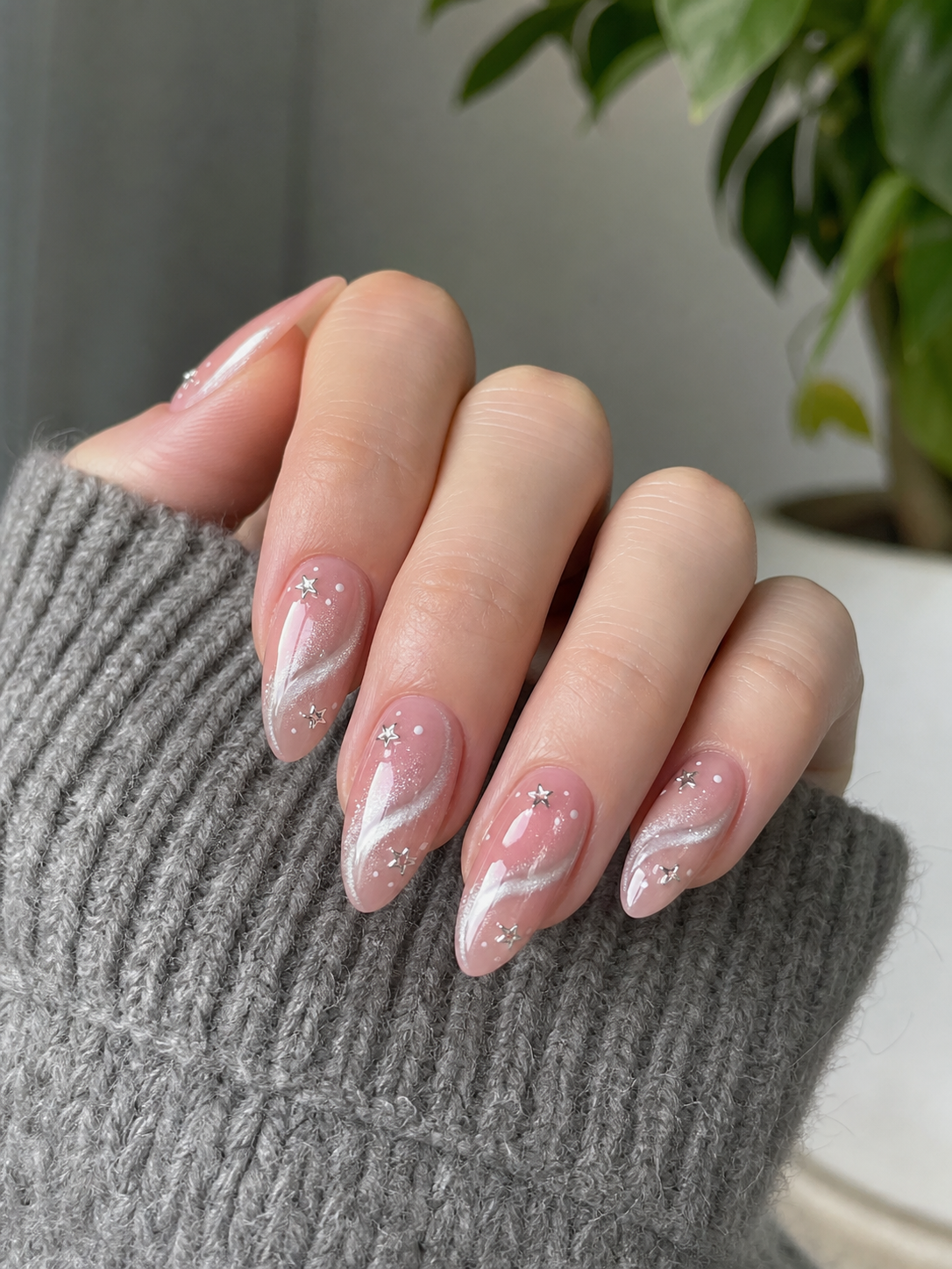 Glossy Pink And Silver Almond Nail Design