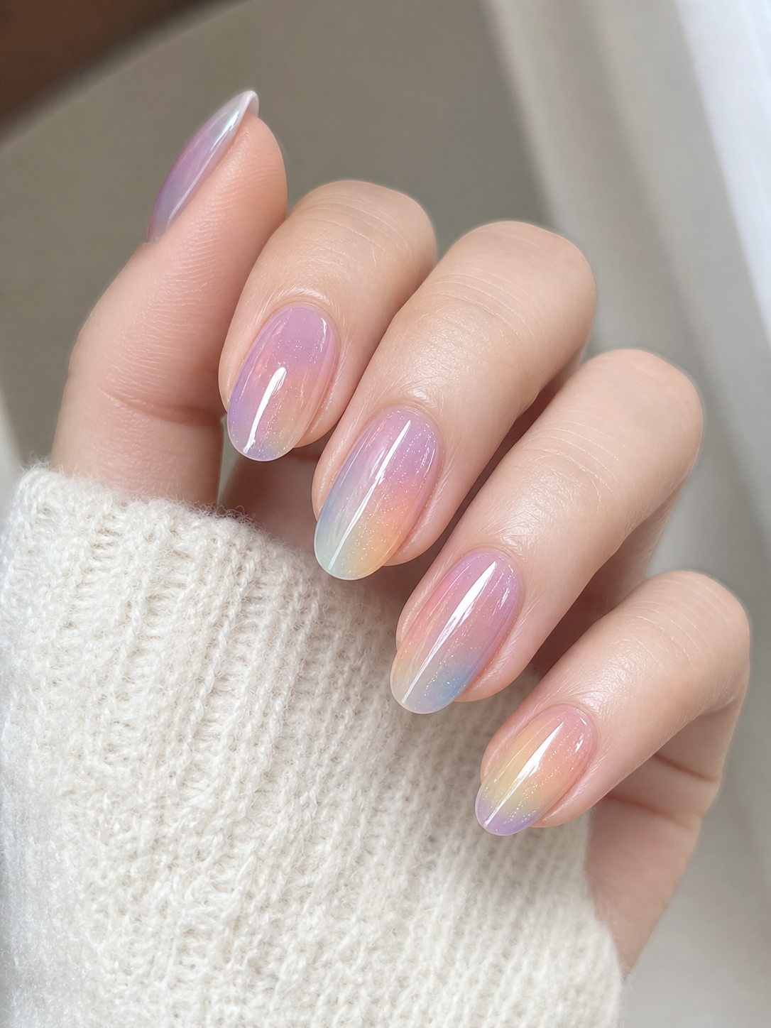 Glossy Pastel And Purple Oval Nail Design