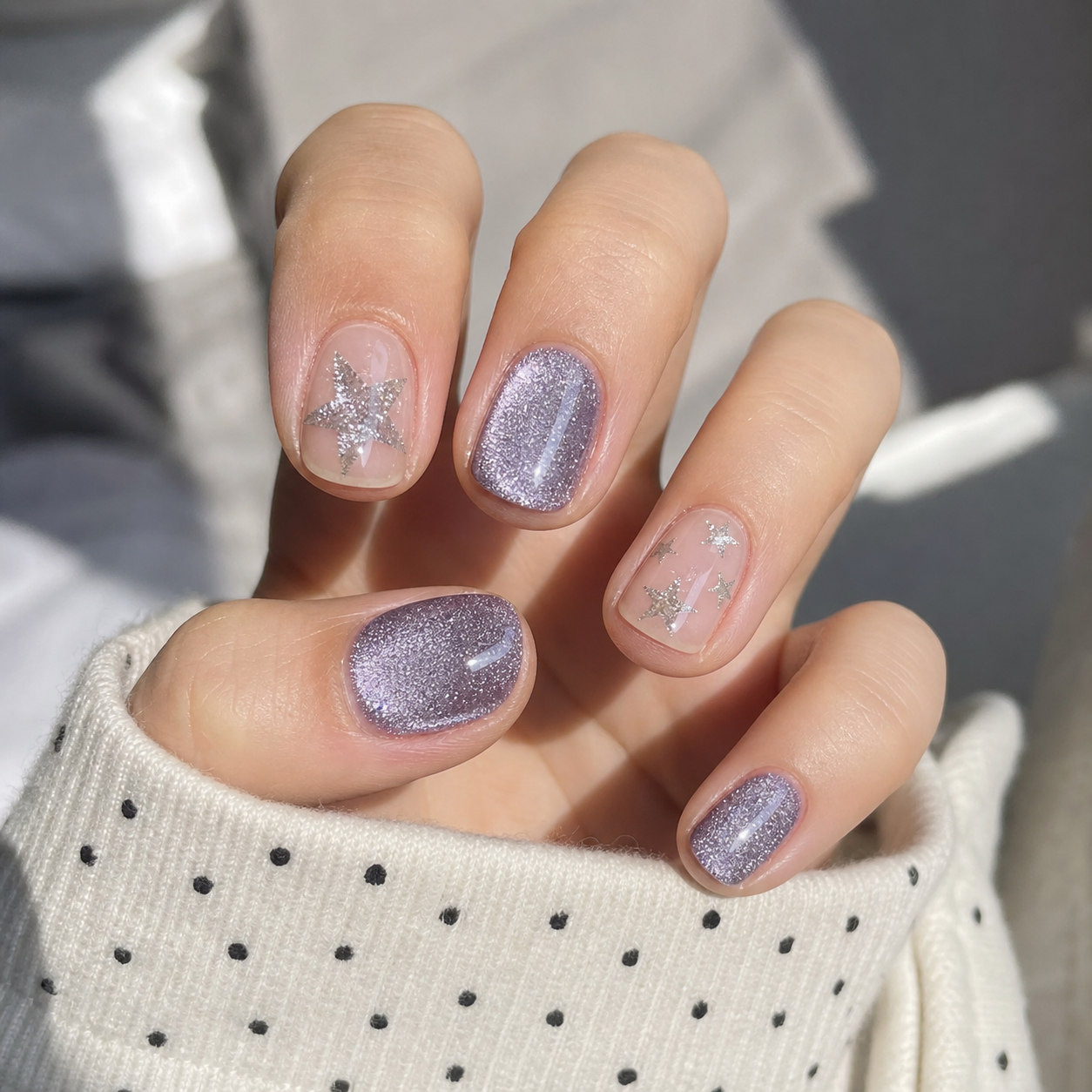 Glossy Purple And Silver Square Nail Design