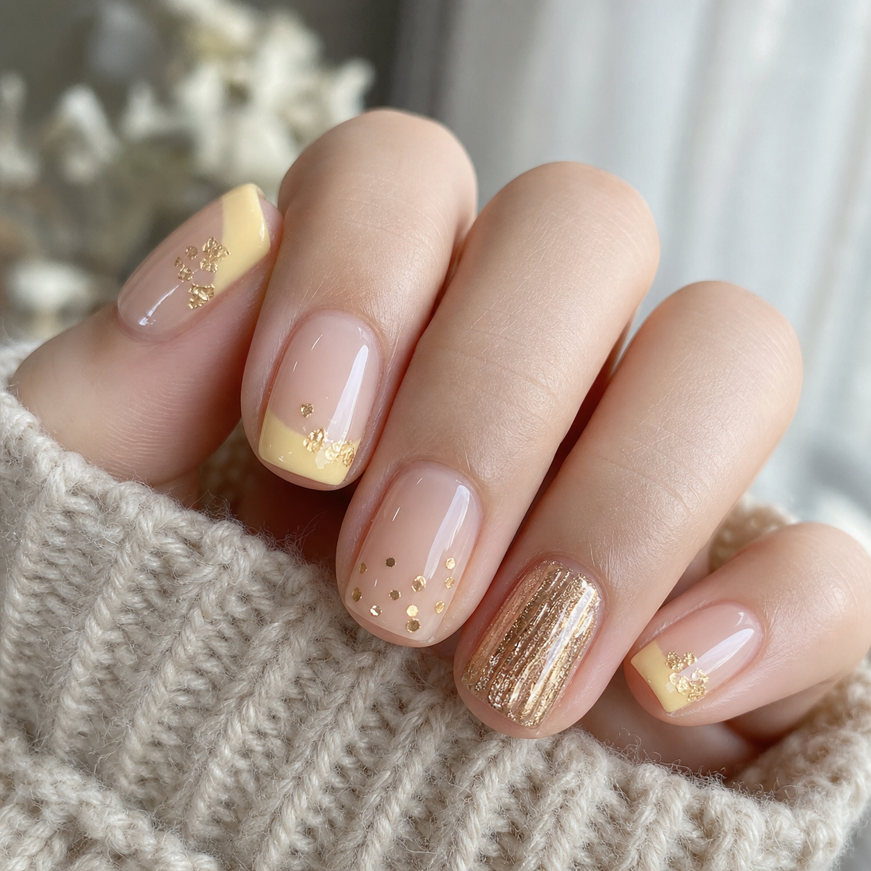 Glossy Sheer Nude And Pastel Square Nail Design